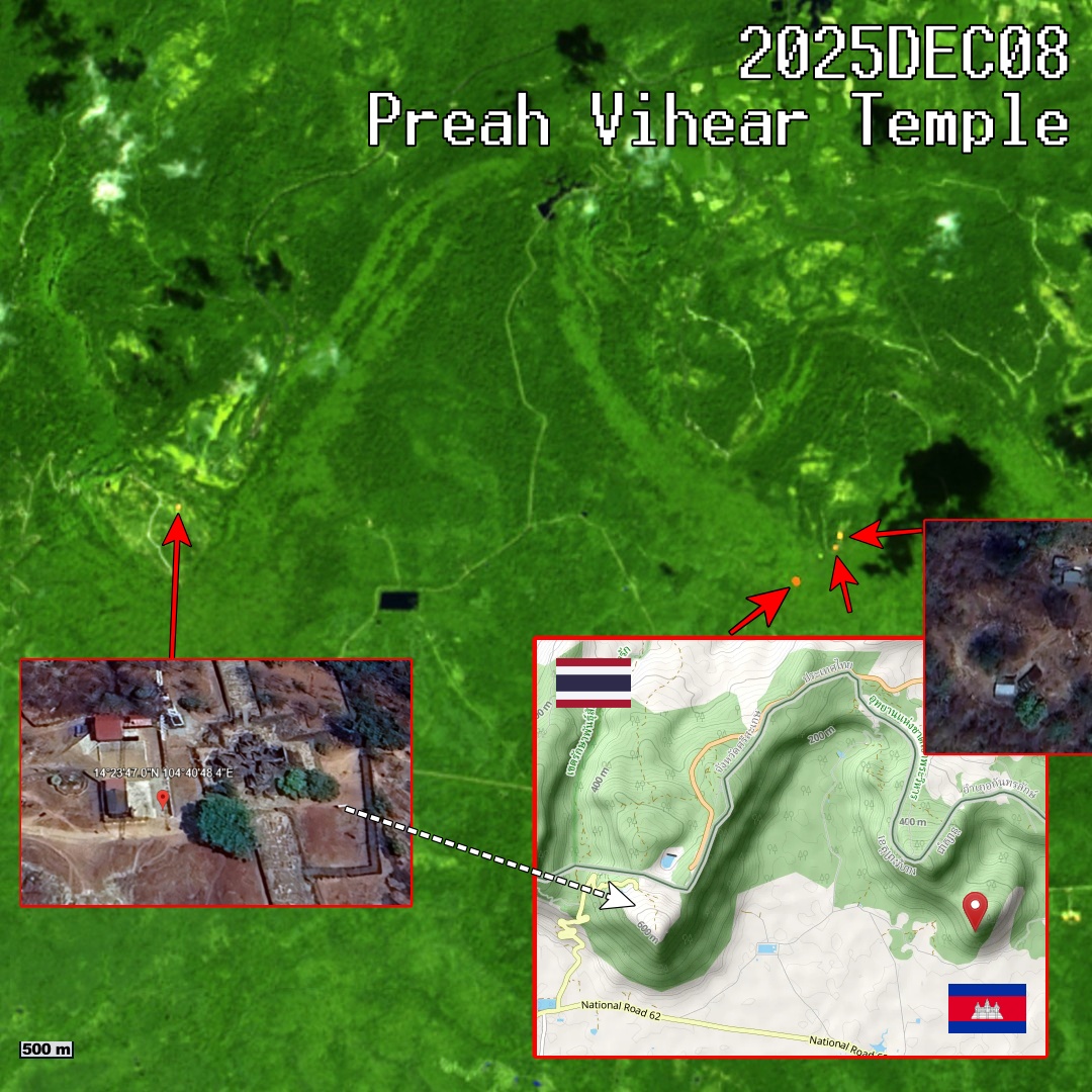 El puesto de mando de Camboya, situado justo al lado del templo Preah Vihear, fue alcanzado por un ataque aéreo tailandés y fue avistado hoy en llamas.