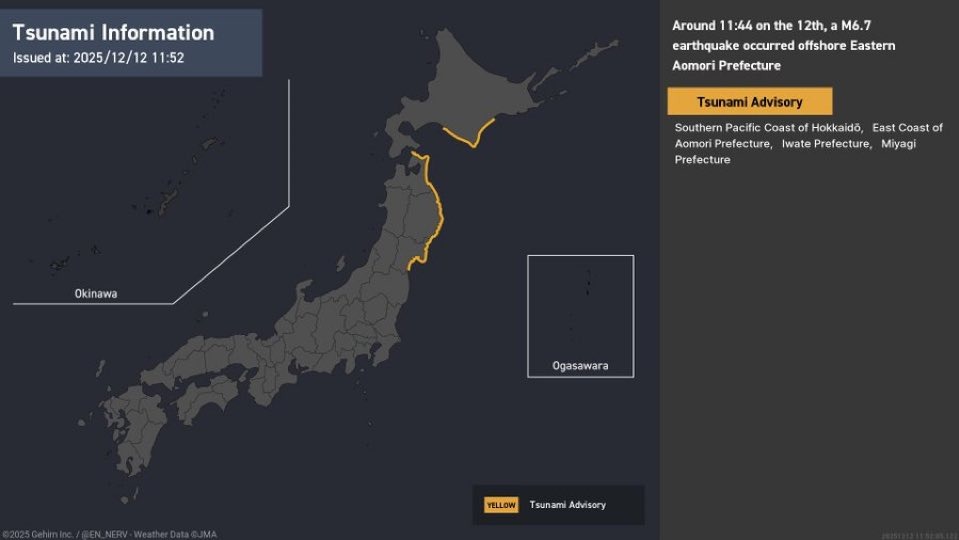 MAGNITUDE 6.7 Earthquake STRIKES OFF JAPAN'S COAST, TSUNAMI ADVISORY ISSUED DAYS AFTER HISTORIC MEGAQUAKE A 6.7 magnitude earthquake struck offshore eastern Aomori Prefecture at 11:44am local time on December 12th.Japan has issued a tsunami advisory for