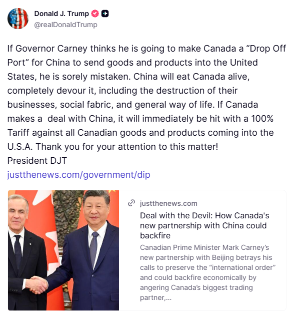 Trump: If Governor Carney thinks he is going to make Canada a “Drop Off Port” for China to send goods and products into the United States, he is sorely mistaken. China will eat Canada alive, completely devour it, including the destruction of their businesses, social fabric, and general way of life. If Canada makes a deal with China, it will immediately be hit with a 100% Tariff against all Canadian goods and products coming into the U.S.A.