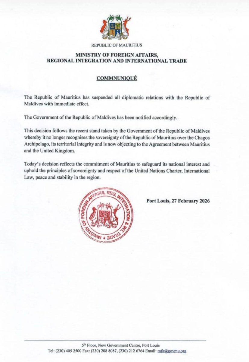 L'île Maurice suspend toutes ses relations diplomatiques avec les Maldives en raison de la question des Chagos.