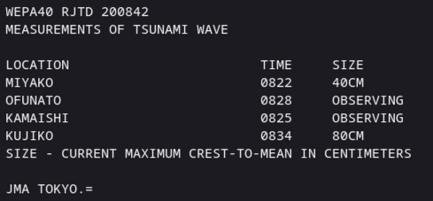 Current observed tsunami heights per the Japan Meteorological Agency