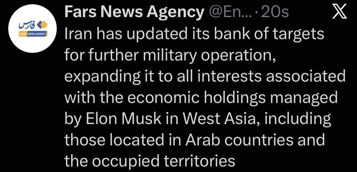 In a notable announcement, Iran’s state-backed news agency, Fars, has said that Iranian decision-makers have expanded their list of targets across the region to include “all interests associated with the economic holdings managed by Elon Musk in West Asia.” This includes Arab countries as well, per the report