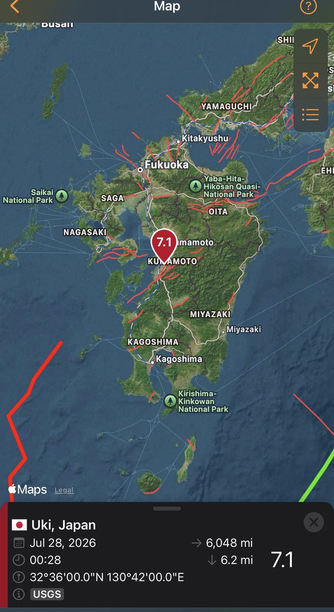 Earthquake has been revised to a 6.8 Uki / Japan Magnitude 7.1 Earthquake just struck in Southern Japan, approximately 50 Miles East of Nagasaki. Tsunami Advisory issued