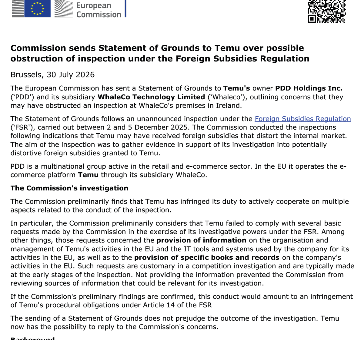 EU Commission has accused Chinese company Temu of obstructing a raid on its Dublin offices late last year under the foreign subsidies regulation Says Temu failed to provide info on management of its EU activities, IT tools & systems, books & records on its EU ops