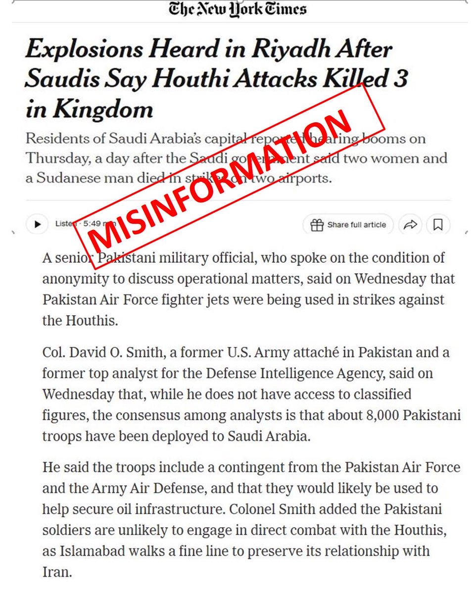 Le ministère pakistanais de l'Information et des Médias a publié une déclaration contestant les affirmations selon lesquelles l'armée pakistanaise mènerait des frappes contre les Houthis au Yémen, qualifiant le rapport précédent du New York Times de faussement et fabriqué.